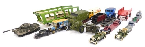 Diecast vehicles, including a Corgi armoured truck, Corgi vehicle loader, Models of Yesteryear, etc, playworn. (1 tray)