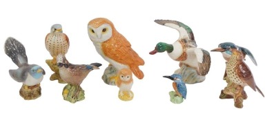 A group of Beswick and other ceramic birds, including a Beswick Barn Owl, 18cm high, a Beswick flying duck, 13cm high, Kingfisher, 12cm high, three other birds, a miniature Barn Owl and Kingfisher, and an unmarked Pigeon. (1 tray)