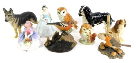 Doulton and Beswick figures, including Royal Doulton The Bridesmaid HN2196 (small), Royal Doulton figure of Monica, two Beswick Barn Owls, Country Artists Robin and Chaffinch figures, 11cm high and 12cm high respectively, unmarked dogs, etc. (a quantity)