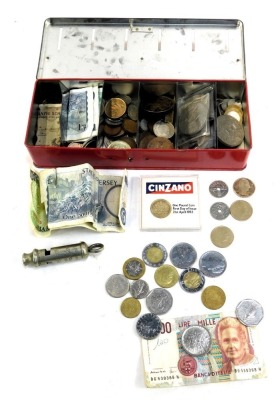 UK coinage, including a 1935 George V crown, various commemorative crowns, fifty pence pieces, two pound coins, bank notes, etc, enclosed in a money tin. (a quantity)