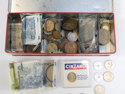 UK coinage, including a 1935 George V crown, various commemorative crowns, fifty pence pieces, two pound coins, bank notes, etc, enclosed in a money tin. (a quantity) - 4