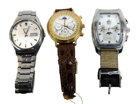 Three gentleman's wristwatches, comprising a Sekonda Lunar Calendar gentleman's wristwatch, a Seiko Automatic 17 jewel gentleman's wristwatch, stainless steel cased, and a gentleman's fashion watch. (3) (AF)