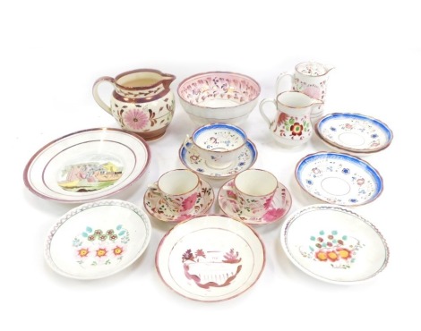 A group of 19thC and later lustre wares, Allertons including cups and saucers, a punch bowl, a jug, plates, cabinet plates, etc. (1 tray)