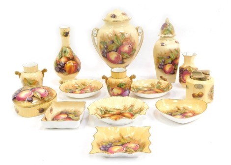 A group of Aynsley Orchard Gold pattern wares, including a twin handled vase and cover, a hexagonal ginger jar and cover, bud vase, table lighter, three miniature vases, a heart shaped trinket dish, various trinkets dishes, etc. (1 tray) (AF)