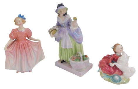 Three Royal Doulton figures, comprising Sweeting HN1935, 16cm high, Spring Flowers HN1807, 20cm high, and Home Again HN2167, 10cm high. (3)