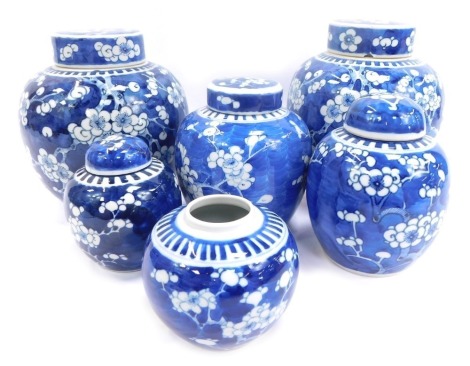 Six 19thC and later Chinese blue and white porcelain ginger jars, decorated with prunus blossom, comprising a near pair, 22cm high, together with four further jars, three with lids. (6) (AF)