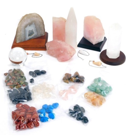 A group of various minerals and mineral parts, including quartz, green aventurine, black obsidian, large rose quartz chunks, some polished stones, witches ball, etc. (1 tray)