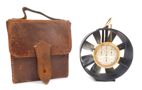 A 19thC velocity meter, made by Short & Mason, measuring the velocity in feet, in a leather travel case, 10cm diameter.