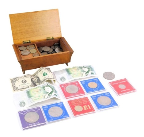 Commemorative and circulated coinage, comprising fifty pence pieces, United States dollar notes, coin packs, etc. (1 box and 1 bag)