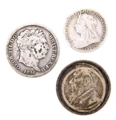 An 1894 South African shilling, an 1816 shilling and an 1900 sixpence. (3)