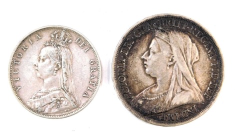 A Queen Victoria 1893 crown, and a Victoria 1892 half crown, 45.1g. (2)