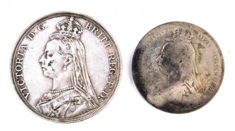 A Victoria crown dated 1889, and a Victoria half crown dated 1890, 44g. (2)