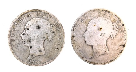 Two Victorian silver half crowns, for 1877 and 1874, 28.6g all in.