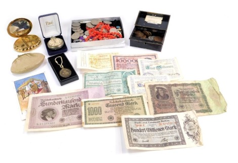 A group of German banknotes, funf mark notes, shillings, two shillings, and a small group of costume jewellery.