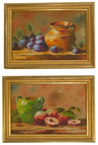 Grout (20thC School). Still life oil on boards, terracotta pot and blueberries, and green vase and apricots, signed and dated to margin, 17cm x 26cm, in gilt frames. (2)