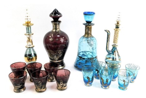 Two Venetian glass liqueur sets, with silver resist decoration, comprising a turquoise bell shaped decanter and six tots, and an amethyst baluster decanter and stopper with six tots, together with a turquoise glass stylised miniature coffee pot, and simil