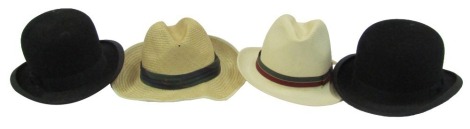 Two bowler hats, by W H Barrabale & Son, and Jackson's Limited, size 7 1/8, and two straw hats. (4)