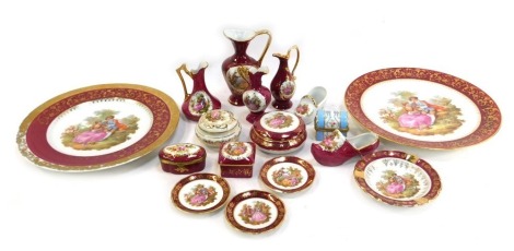 Various Limoges collectables, including red finish Limoges cabinet plates, trinket dishes, porcelain jars and covers, jugs, etc. (a quantity)