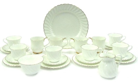 A composite Wedgwood Gold Chelsea and Royal Albert Val D'or porcelain part tea service, including six teacups and saucers, a milk jug, a sugar bowl, four breakfast cups, and six side plates, etc. (a quantity)