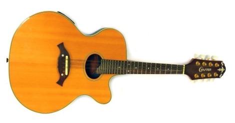 A Crafter electronic mandolin, with conversion, model number M70E, serial number 03053145, in soft shell carry case, 68cm long.