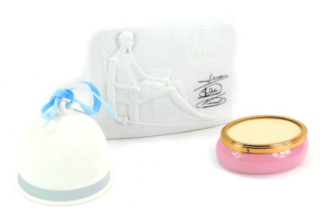 A Lladro Collectors Society 1994 bell, a Lladro Collectors Society plaque, and a Flamecraft trinket box. (3)