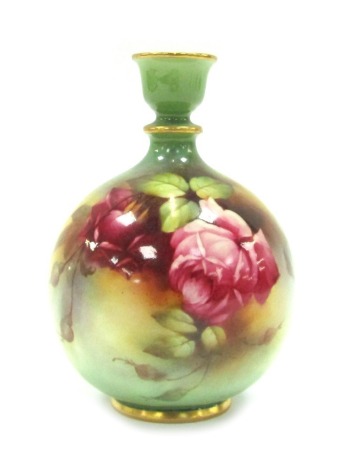 A Royal Worcester bottle, on a green and pale green ground, with handpainted rose decoration, signed H Martin, with green Worcester stamp to underside, No F123, 16cm high.