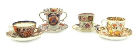 18thC and later cups and saucers, including a Stevenson & Hancock Derby cup and saucer, a Bloor Derby cup and saucer, an English cup, etc. (a quantity)