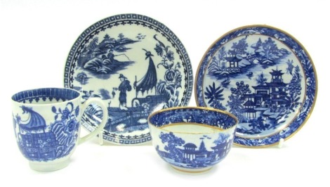 An 18thC Worcester Dr J Wall First Period blue and white cup and saucer, and a 19thC Worcester First Period DrJ Wall rice bowl and saucer. (4)