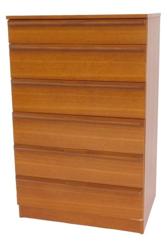 A mid century Avalon teak six drawer chest, on plinth base, bearing label, 98cm high, 62cm wide, 43.5cm deep.