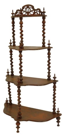 A Victorian burr wood waterfall whatnot, the pierced raised back above four shaped shelves united by spiral turned column supports, on turned cylindrical legs, 119cm high, 74cm wide, 35cm deep.