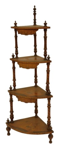 A Victorian walnut and inlaid corner whatnot, each shelf with urn and scroll decoration, united by turned carved supports, on turned cylindrical feet, 149cm high, 66cm wide, 36cm deep.