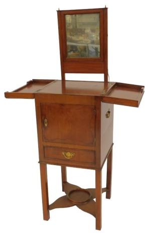 A 19thC mahogany wash stand, the two fold top opening to reveal a covered recess for a wash bowl with a mirrored section, the base with cupboard and drawer, on square legs with shaped under tier, 88cm high, 38cm wide, 38cm deep.