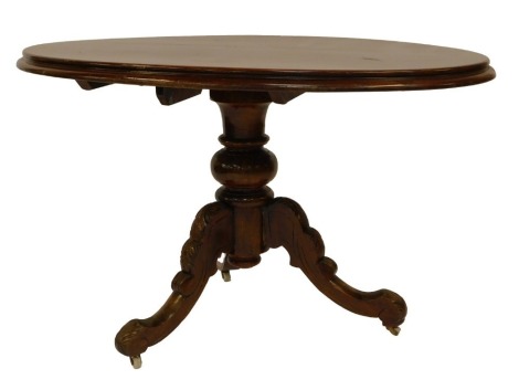 A Victorian mahogany loo table, the oval top with moulded edge above a turned column, on carved scrolling legs with pot castors, 76cm high, the top 112cm x 80cm.