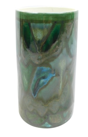 A Poole pottery Delphis vase, of cylindrical form, drip glaze decoration, in blues and greens, printed marks, 23cm high.