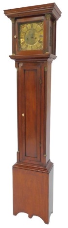 John Lee of Loughborough. An 18thC mahogany cased longcase clock, the brass dial bearing Roman numerals, eight day movement, with central moon decoration and raised spandrels depicting the four seasons, the hood with a moulded cornice above Corinthian col