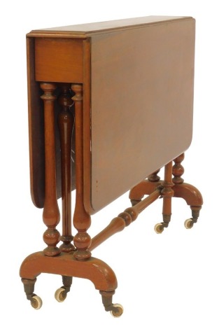 A Victorian mahogany Sutherland table, the top with a moulded edge with rounded corners, on turned cylindrical supports, united by turned stretcher on pot castors, 72cm high, 17cm wide, 102cm extended, 92cm deep.