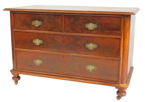 A Victorian mahogany chest, of two short and two long drawers, on compressed ball feet, with castors, 78cm high, 122cm wide, 60cm deep. (AF)