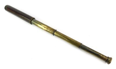 A brass and leather bound three draw telescope, by Broadhurst, Clarkson and Co Ltd., 63 Farringdon Road, London EC., 75.5cm long.