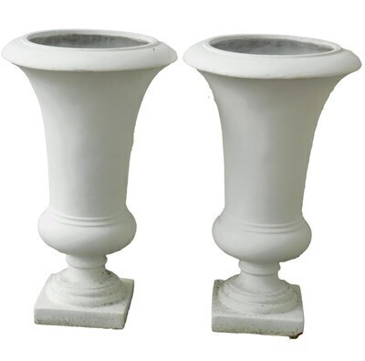 A pair of cast campana type urns, with fluted top, on a square base, 80cm high, the opening 32cm diameter.