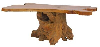 A tree root table, the shaped top on root base, 51cm high, the top 120cm x 67cm.