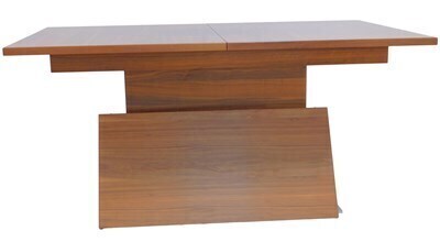 A modernist late 20thC walnut extending dining table, the rectangular top raised on a square column, on chrome flat rectangular two piece base, 78cm high, the top 100cm x 160cm, with additional leaf.