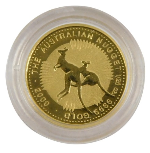 A one twentieth ounce Australian nugget, dated 2000, in Westminster pouch.