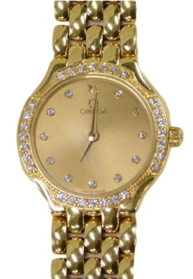 An Omega Deville 18ct gold ladies wristwatch, with a circular gold finish dial, and diamond set bezel and outer border, on four bar bracelet design, serial number 54282834, the dial 2.5cm diameter, 45.1g all in.