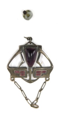 An Art Nouveau pendant, with raised amethyst and purple enamel panels and ceramic drop, white metal stamped sterling, 4cm high, 7.5g all in. (AF)