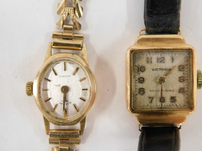 Two wristwatches, silver chain and brooch, comprising a Victoria 18ct gold lady's wristwatch, on black leather strap, a 9ct gold Rotary lady's wristwatch, 18.9g all in, and a small group of costume jewellery. (a quantity) - 2