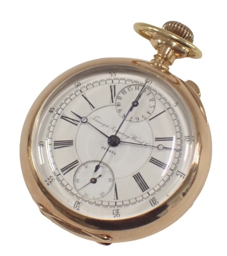 A Timing and Repeating Watch Company yellow metal pocket watch, with white enamel chronograph dial and blue hands stamped Geneva, inscribed International Walking Match Donald Linden Canada George V Bonhag America Won by Gem de Bonhag World Champion, yello