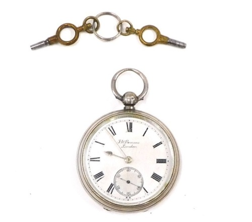 A 19thC silver pocket watch, for HW Benson of London, with white enamel Roman numeric dial, silvered hands and seconds dial, with engine engraved case with a vacant cartouche, by Victor Kullberg, Birmingham 1901, key wind, 125.3g all in, boxed.