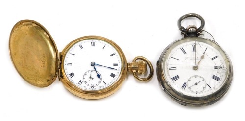 Two pocket watches, comprising a gold plated full Hunter pocket watch with white enamel dial and crown wind, and a silver Fatorini and Sons of Bradford 19thC pocket watch, key wind, Birmingham 1893, with white enamel Roman numeric dial. (AF)