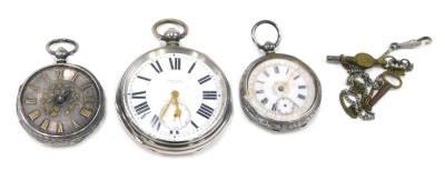 Three watches, comprising a Harris Stone of Leeds silver plated pocket watch, with keyless wind, and two further white metal fob watches, unmarked, lacking movements, 237.6g all in. (3)