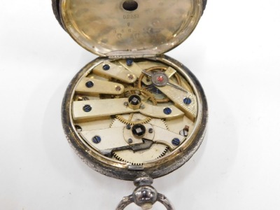 Three watches, comprising a Harris Stone of Leeds silver plated pocket watch, with keyless wind, and two further white metal fob watches, unmarked, lacking movements, 237.6g all in. (3) - 5